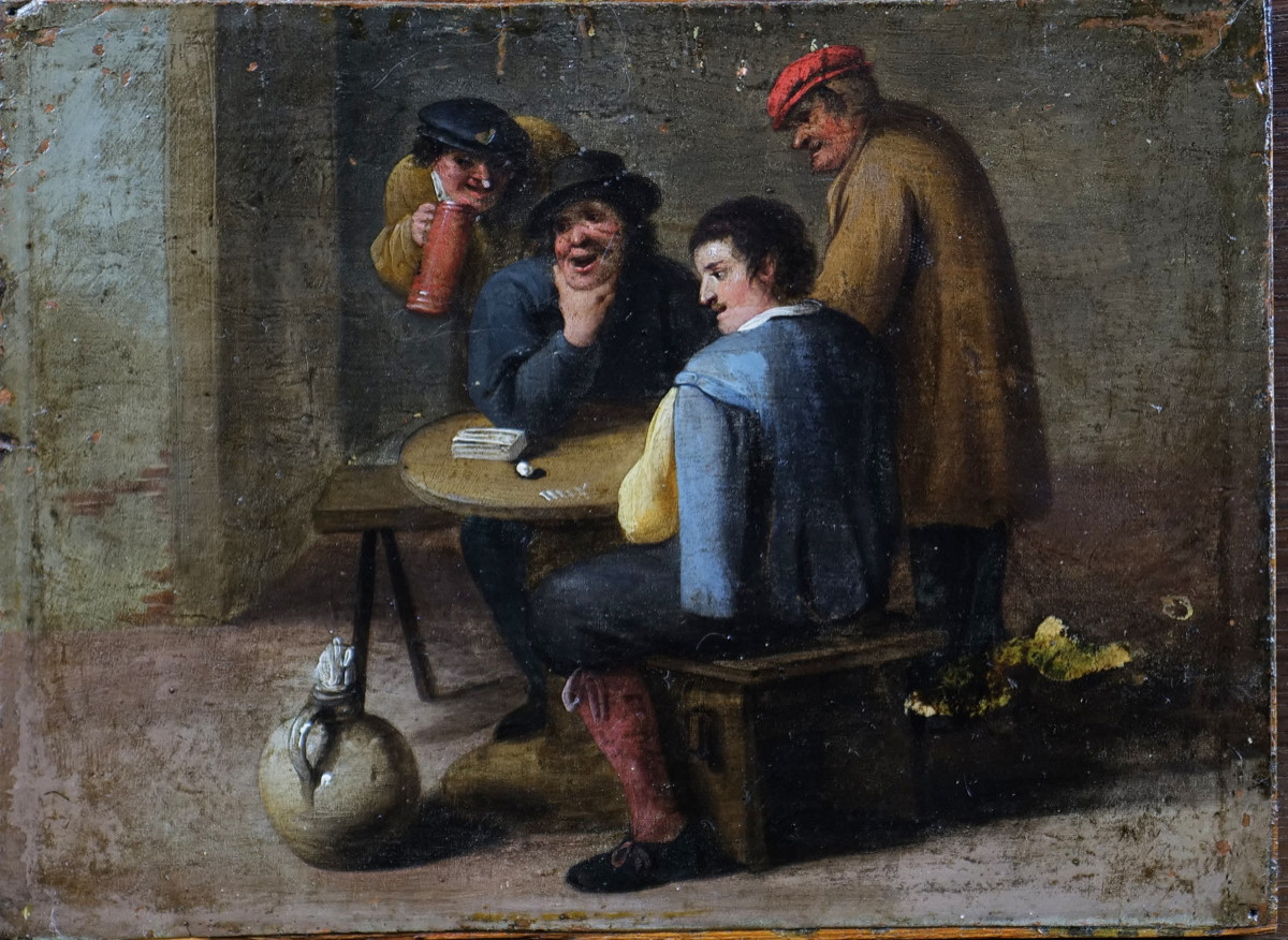 "Partie de cartes" - huile sur cuivre par Mattheus Van Helmont (1623 - c.1679) dim 16,5 X 23 cm-photo-2