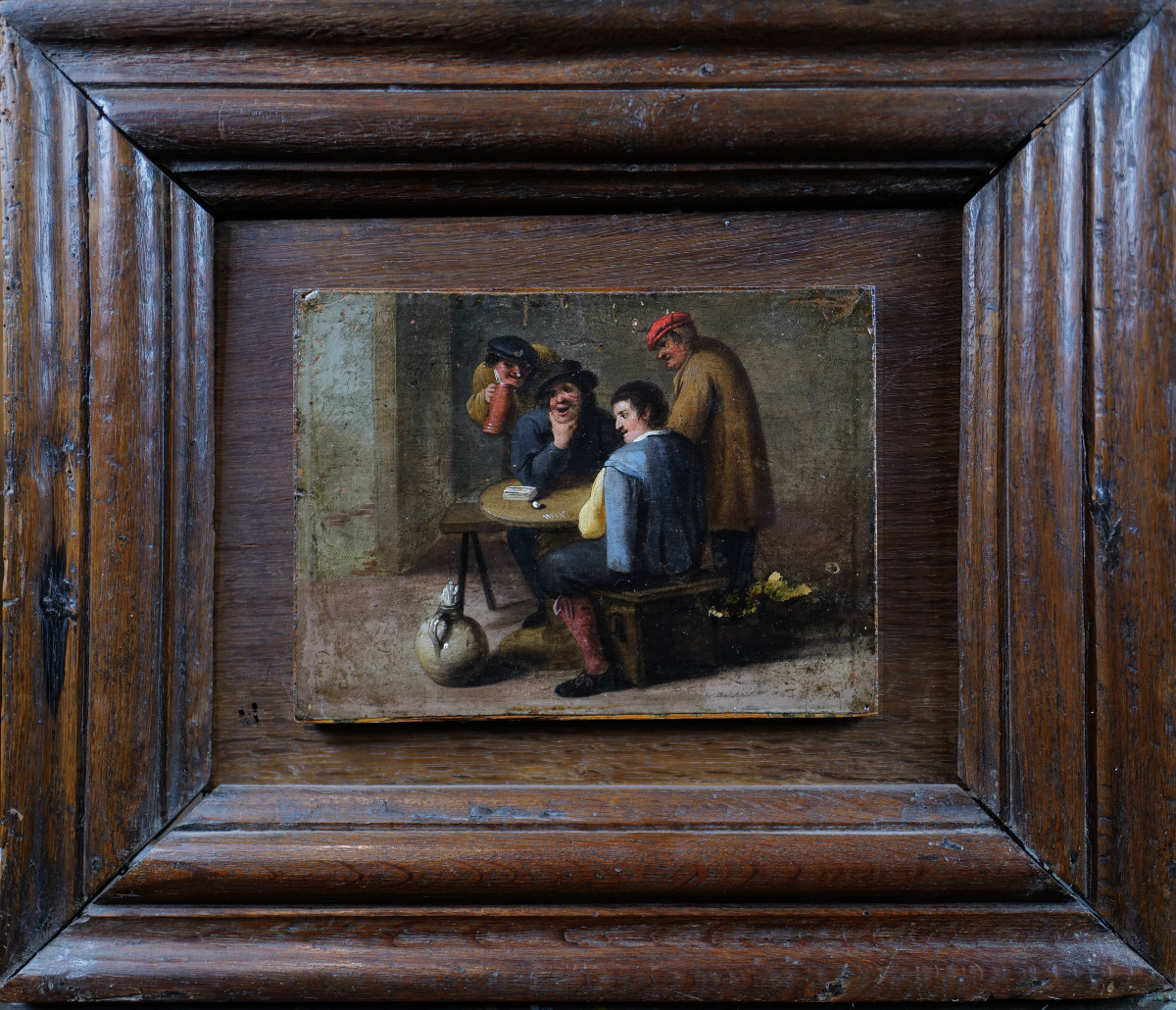 "Partie de cartes" - huile sur cuivre par Mattheus Van Helmont (1623 - c.1679) dim 16,5 X 23 cm