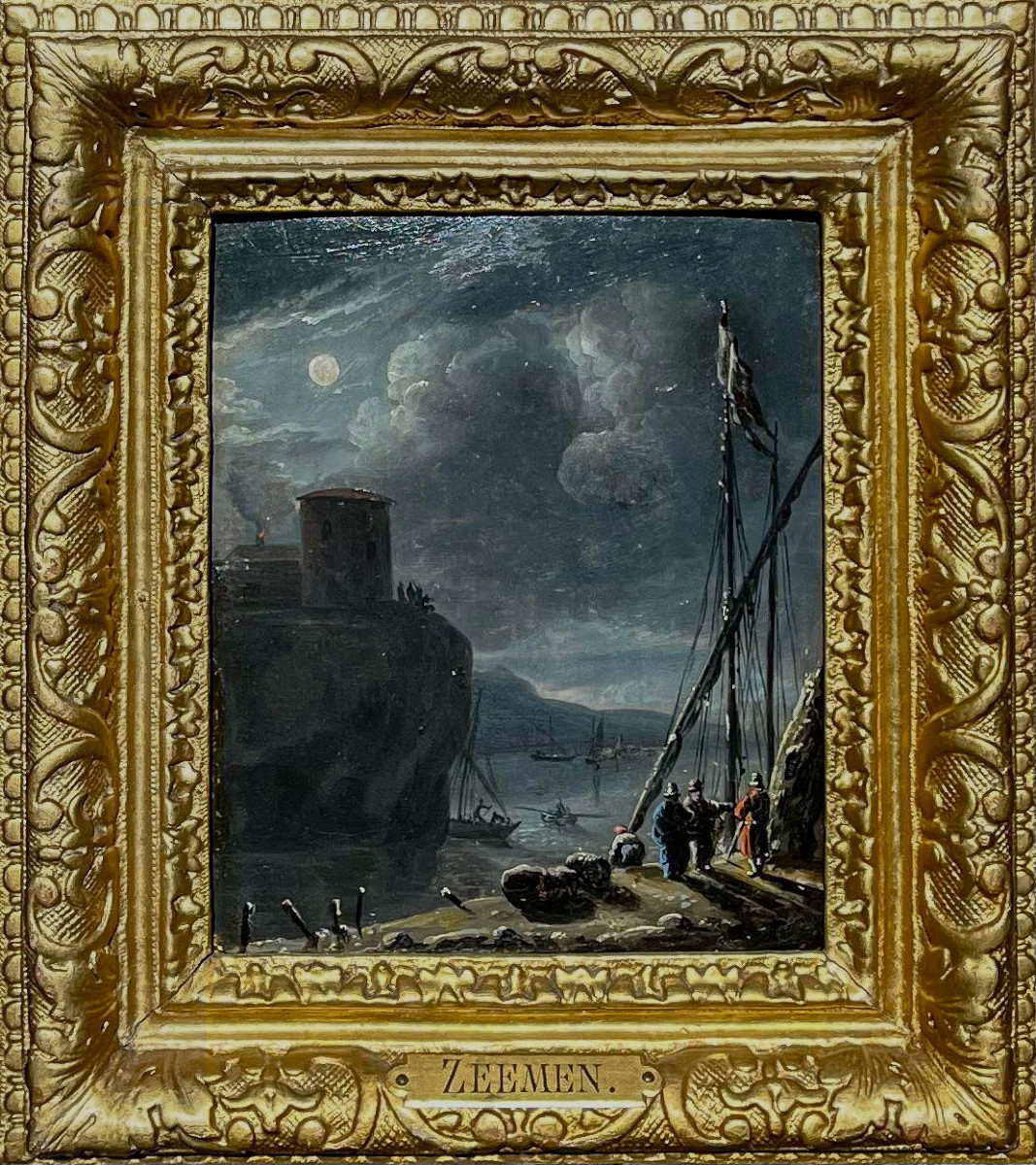 Marine Au Clair De Lune - 17th Century Dutch School Attributed To Reinier Nooms Dit Zeeman 17 X 14 Cm