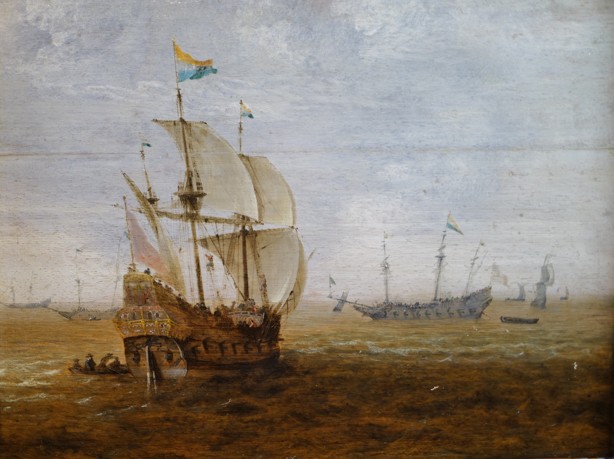 Dutch Ships (33.3 X 42.5 Cm) Oil On Panel By Willem Van Diest (1600-1678)-photo-2