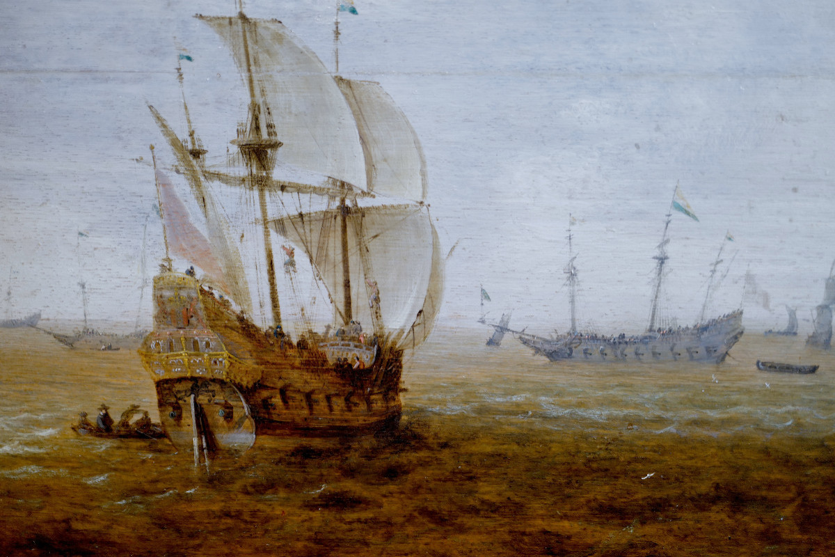 Dutch Ships (33.3 X 42.5 Cm) Oil On Panel By Willem Van Diest (1600-1678)-photo-4