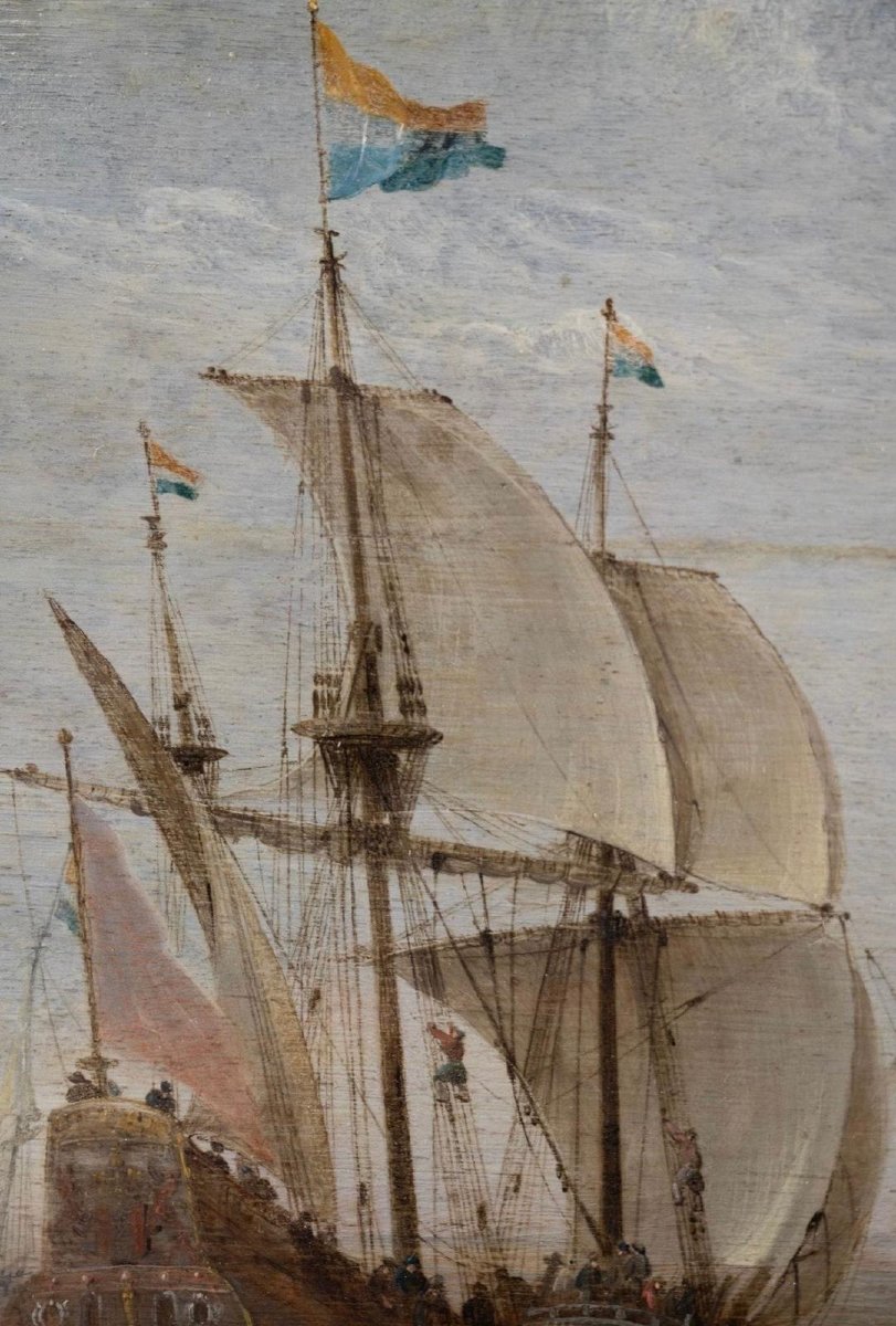 Dutch Ships (33.3 X 42.5 Cm) Oil On Panel By Willem Van Diest (1600-1678)-photo-1