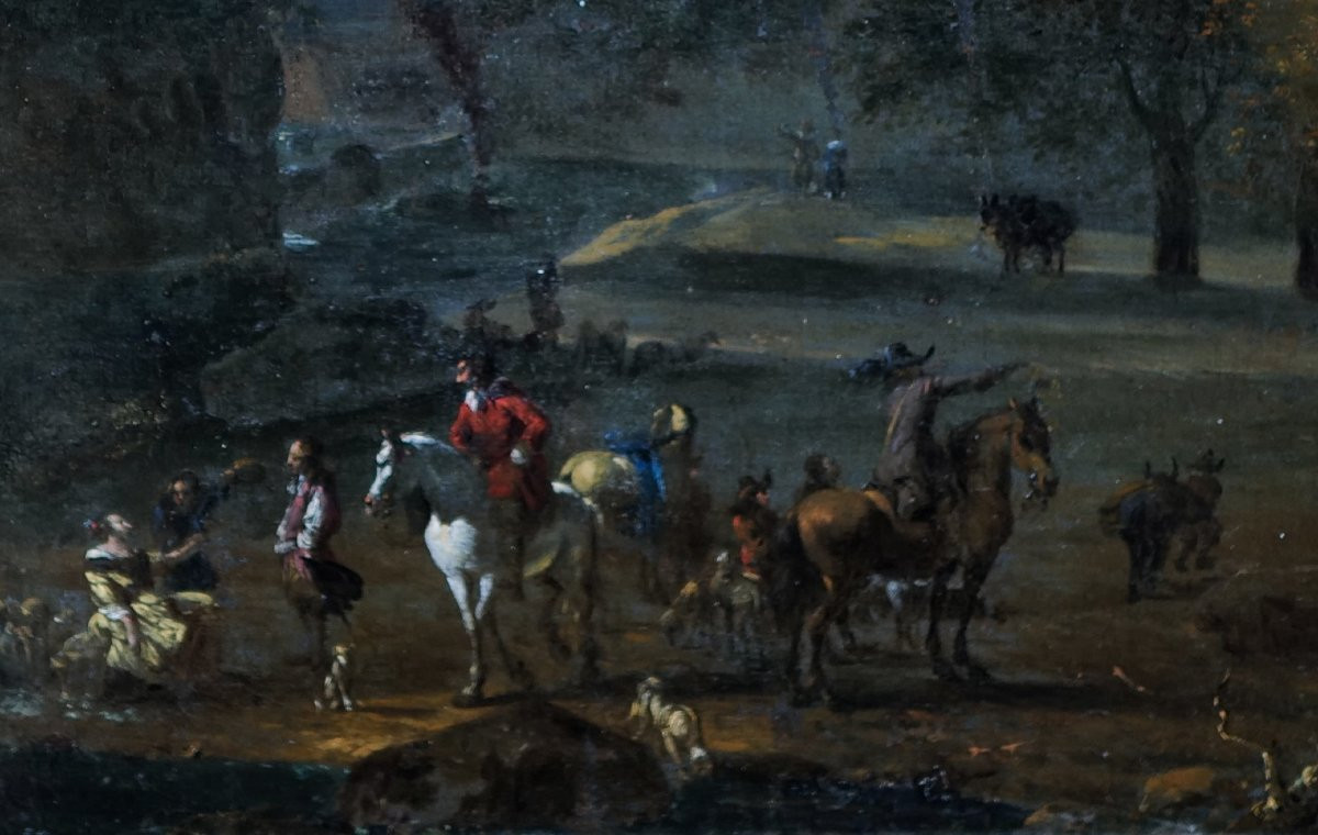 17th Century Dutch School Riders In A Mountain Landscape (49 X 50 Cm)-photo-1
