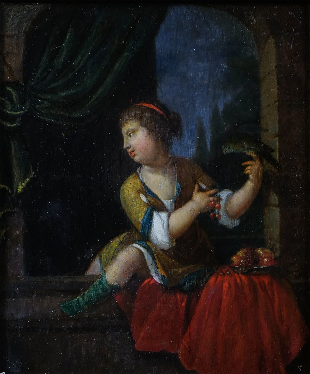 École hollandaise du XVIIIe siècle - Jeune fille aux cerises - 30 X 25 cm-photo-2