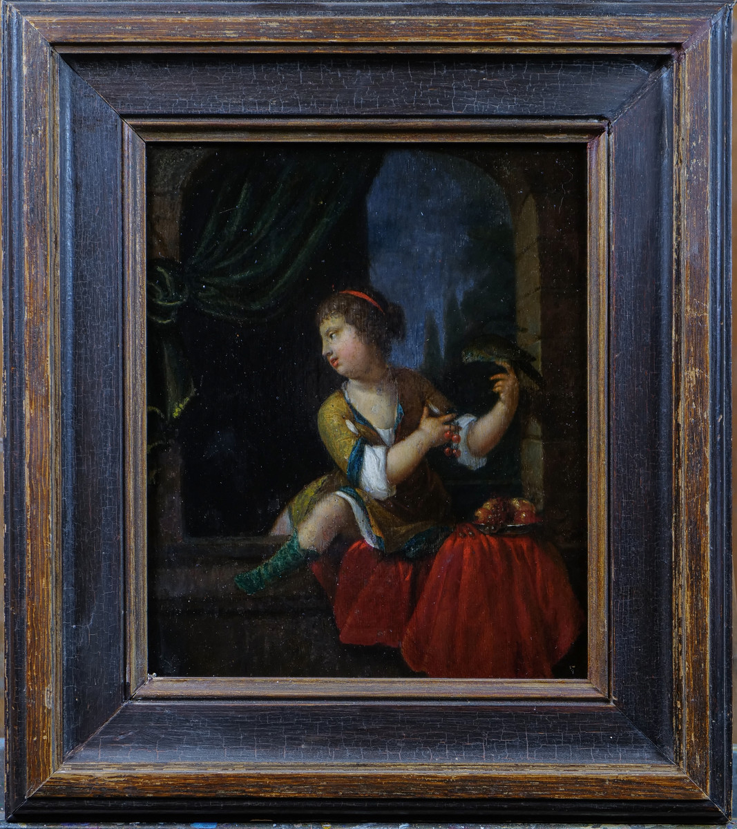 18th Century Dutch School - Young Girl With Cherries - 30 X 25 Cm-photo-2