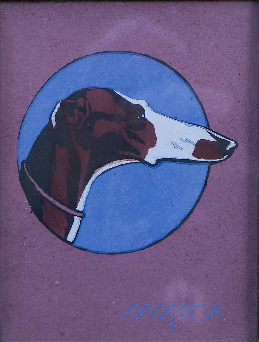 Portraits de chiens, paire de gouaches modernistes - -photo-2