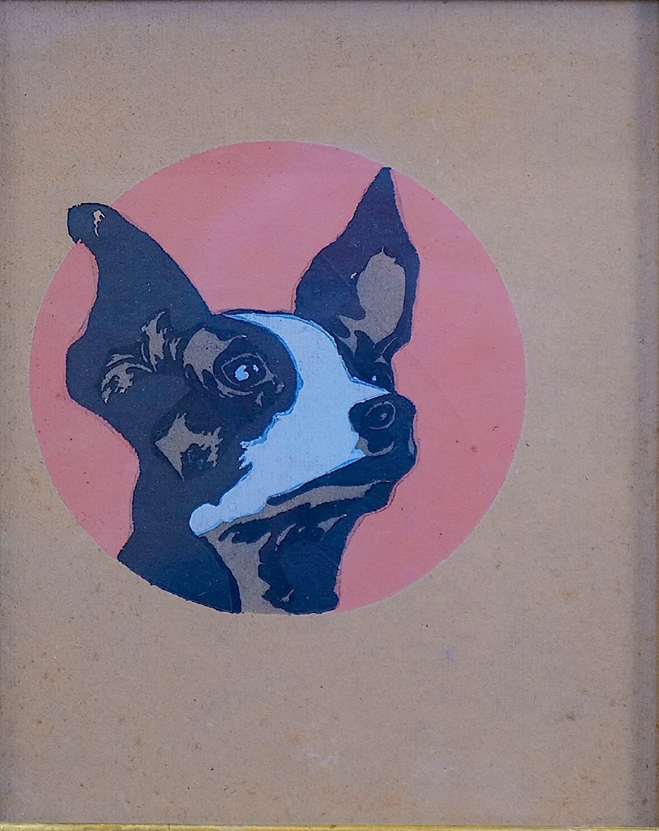 Portraits de chiens, paire de gouaches modernistes - -photo-3
