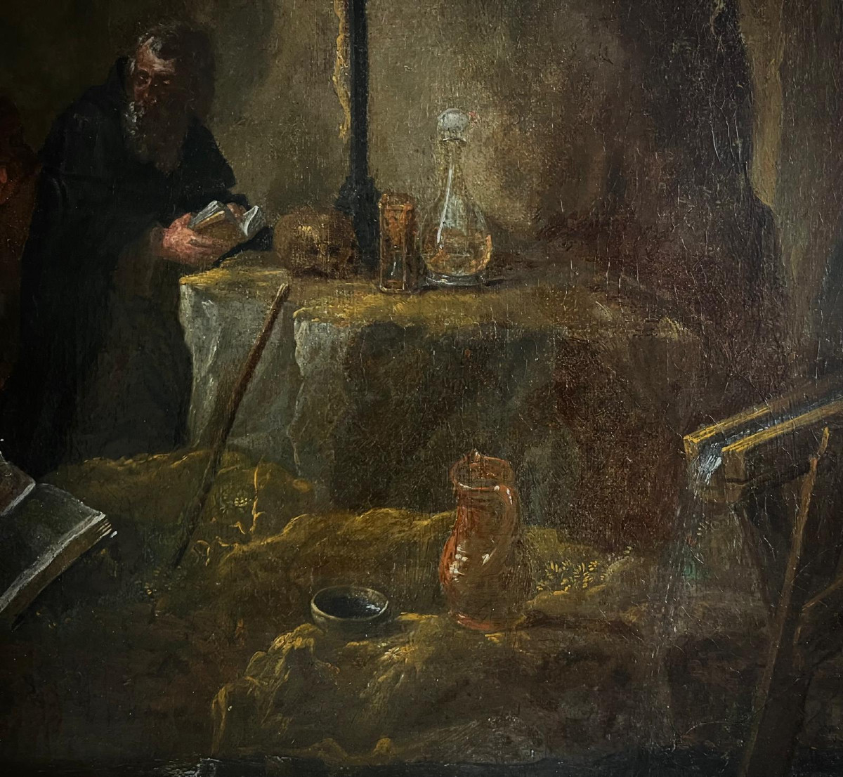 Grande Éc. flamande vers 1700 "Tentation de St Antoine" disciple de David Téniers (81 X 55 cm)-photo-4