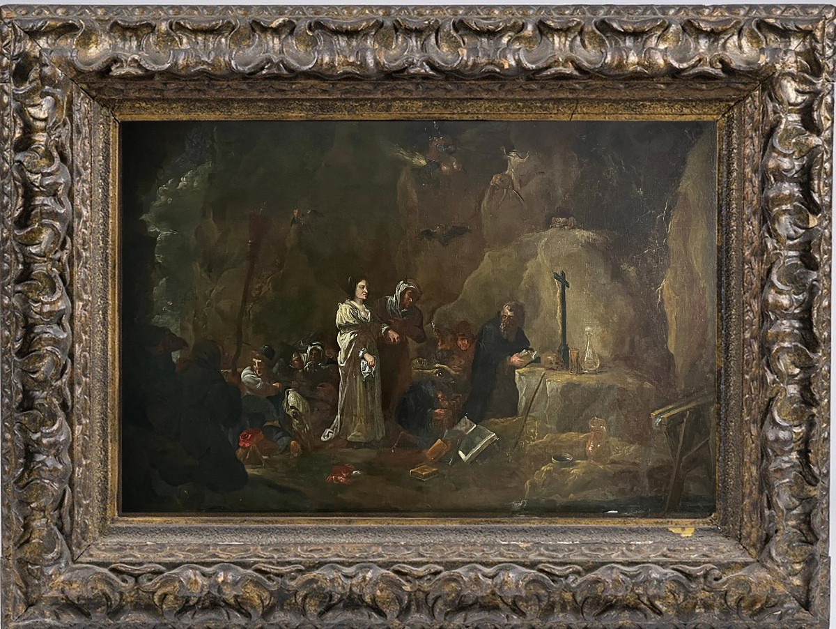 Grande Éc. flamande vers 1700 "Tentation de St Antoine" disciple de David Téniers (81 X 55 cm)-photo-3