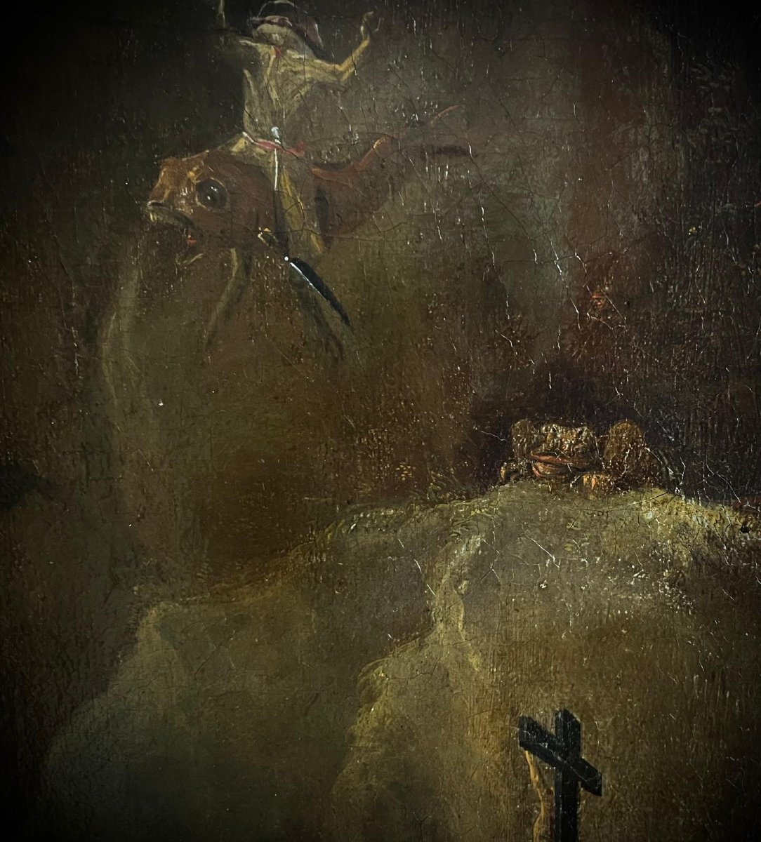 Grande Éc. flamande vers 1700 "Tentation de St Antoine" disciple de David Téniers (81 X 55 cm)-photo-1