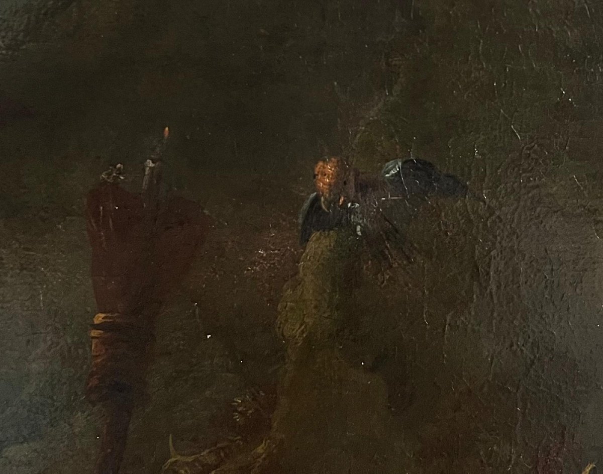 Grande Éc. flamande vers 1700 "Tentation de St Antoine" disciple de David Téniers (81 X 55 cm)-photo-3