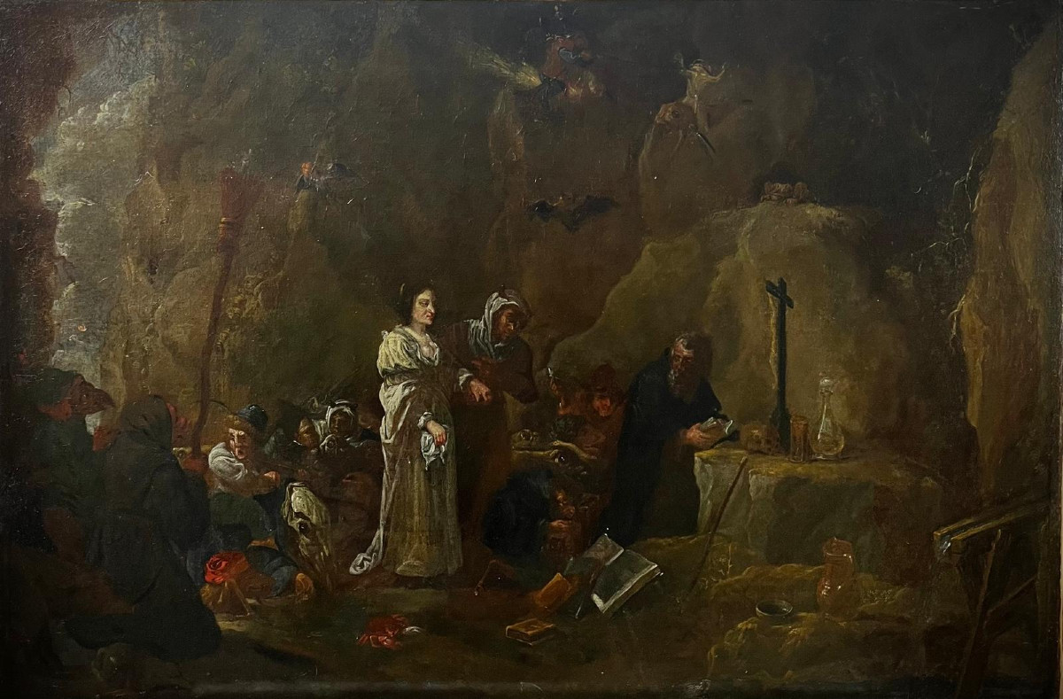Grande Éc. flamande vers 1700 "Tentation de St Antoine" disciple de David Téniers (81 X 55 cm)