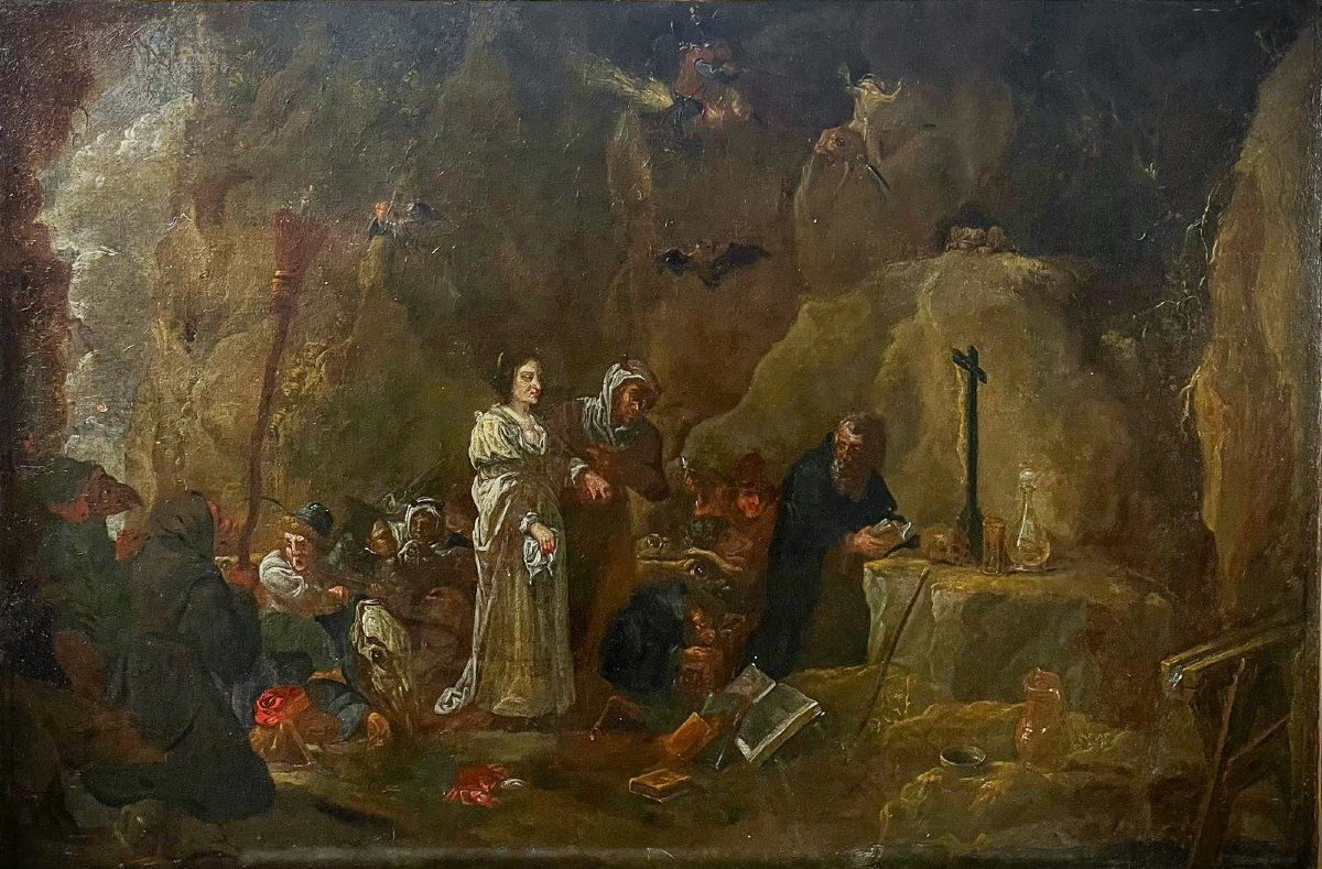 "Tentation de St Antoine" disciple de David Téniers (81 X 55 cm) Grande Éc. flamande vers 1700 