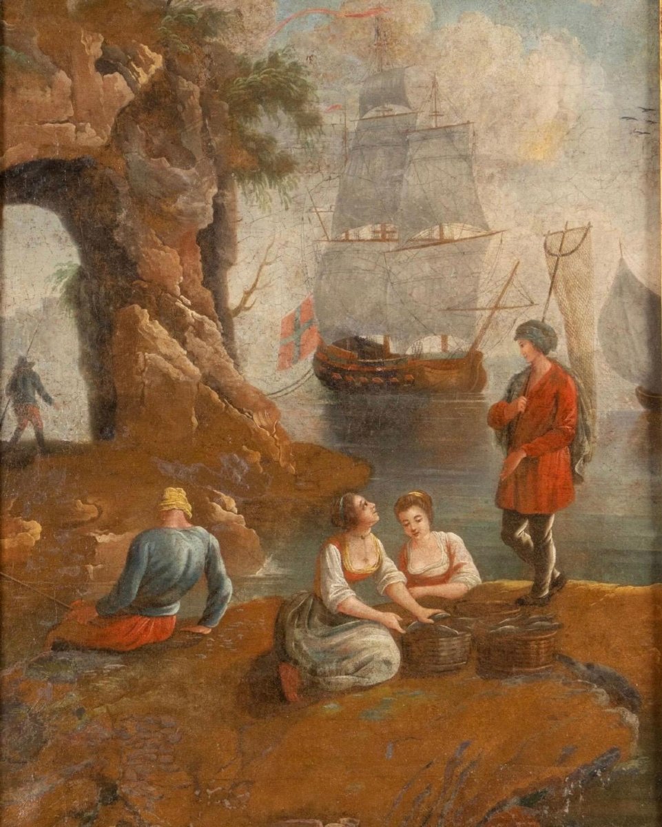 18th Century French School - Fishing Return (82 X 69 Cm) - 18th Century Gilded Wood Frame-photo-2