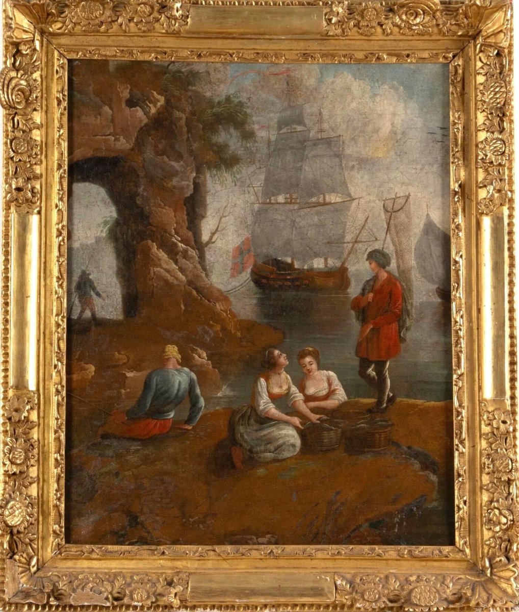18th Century French School - Fishing Return (82 X 69 Cm) - 18th Century Gilded Wood Frame