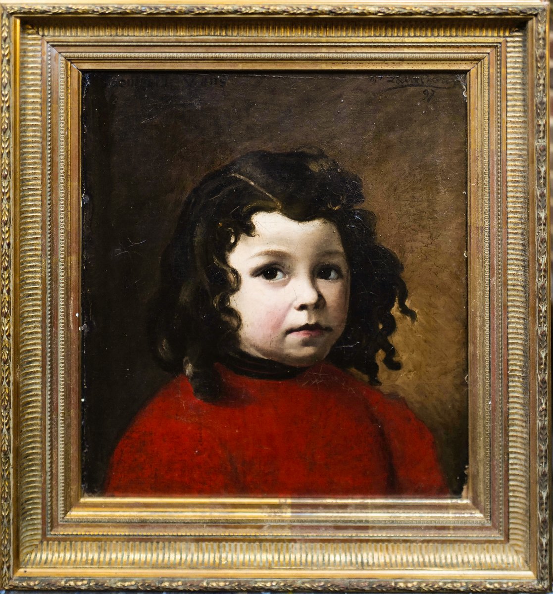 Portrait de fillette en rouge – signé et daté 1897 - "Louisette V ans" - huile/toile 37 X 43 cm
