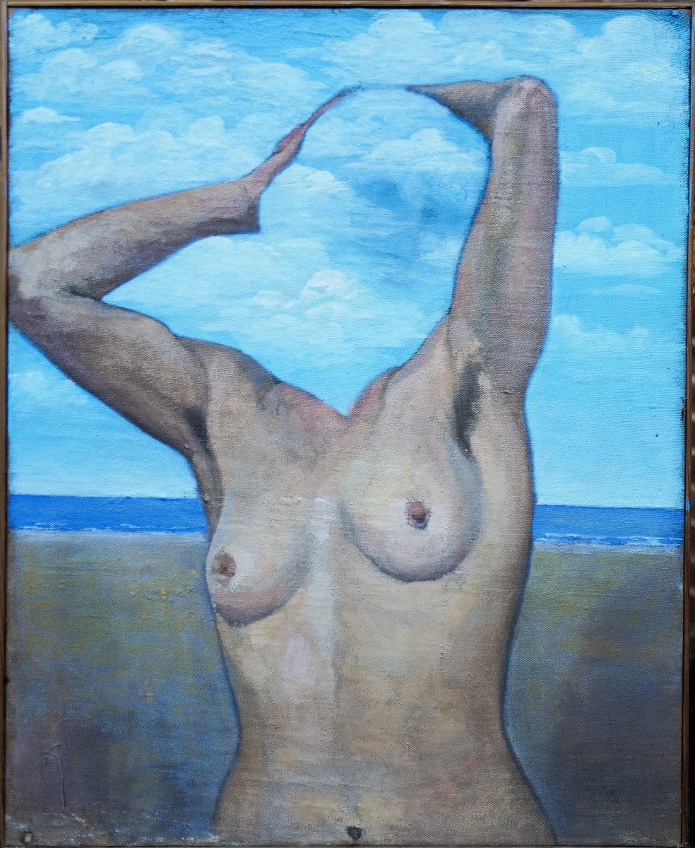 Surrealist Portrait - The Face Of The Clouds - Homage To Magritte - 65 X 81 Cm - Oil On Canvas
