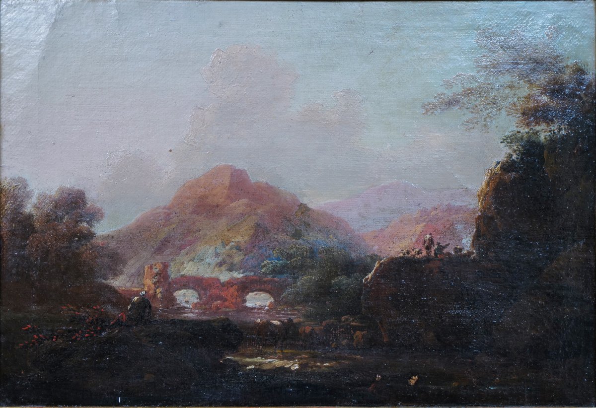 18th-century Italianate School - Lively Mountain Landscape With A Stone Bridge (32x45 Cm)-photo-2