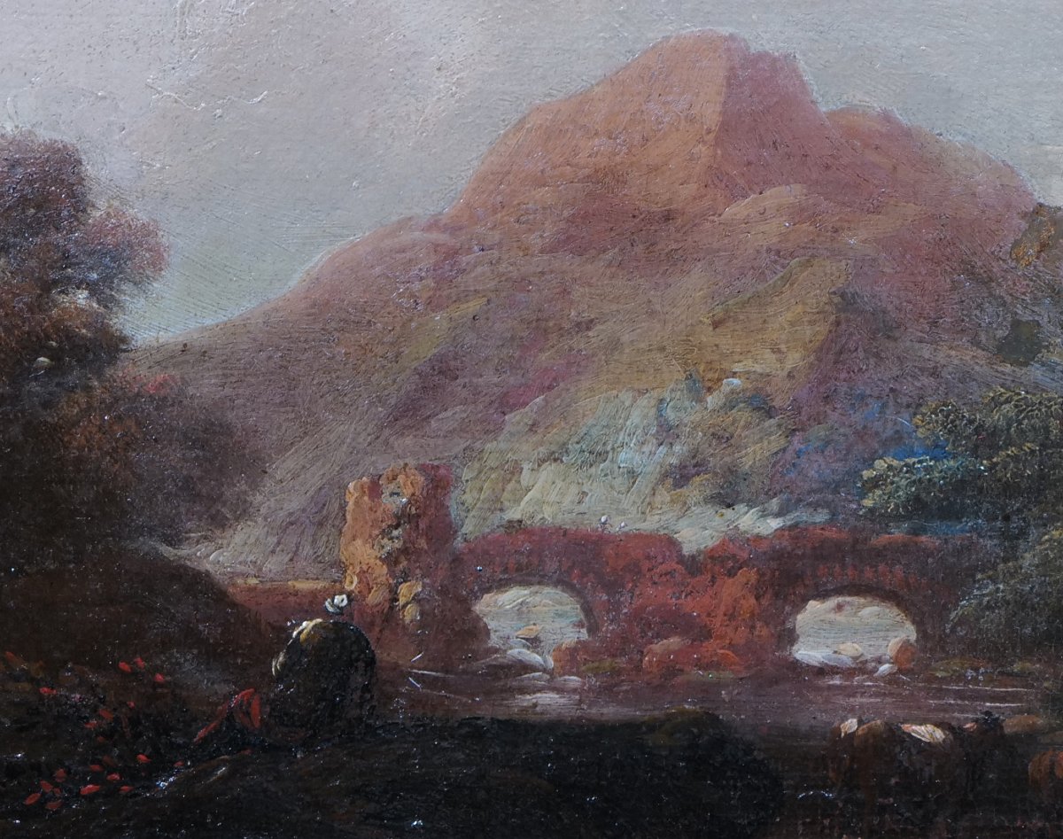 18th-century Italianate School - Lively Mountain Landscape With A Stone Bridge (32x45 Cm)-photo-3