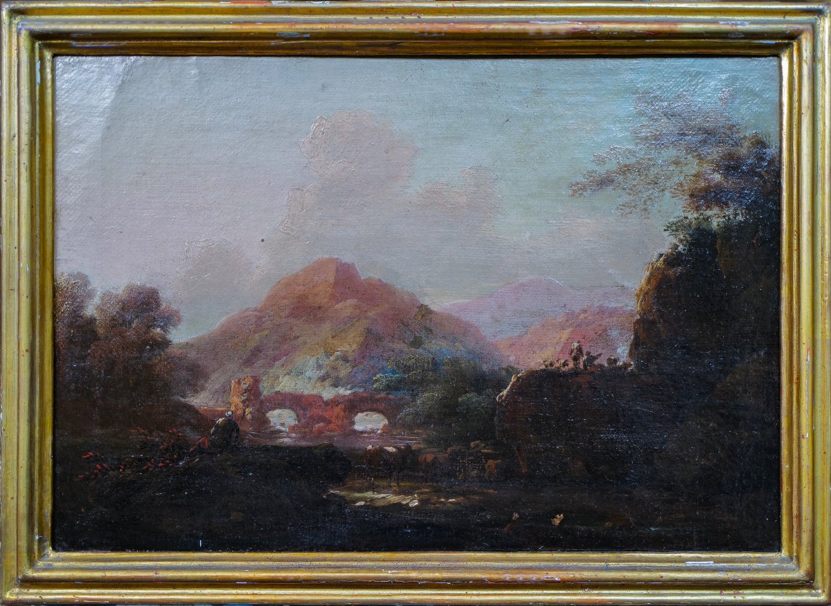 18th-century Italianate School - Lively Mountain Landscape With A Stone Bridge (32x45 Cm)