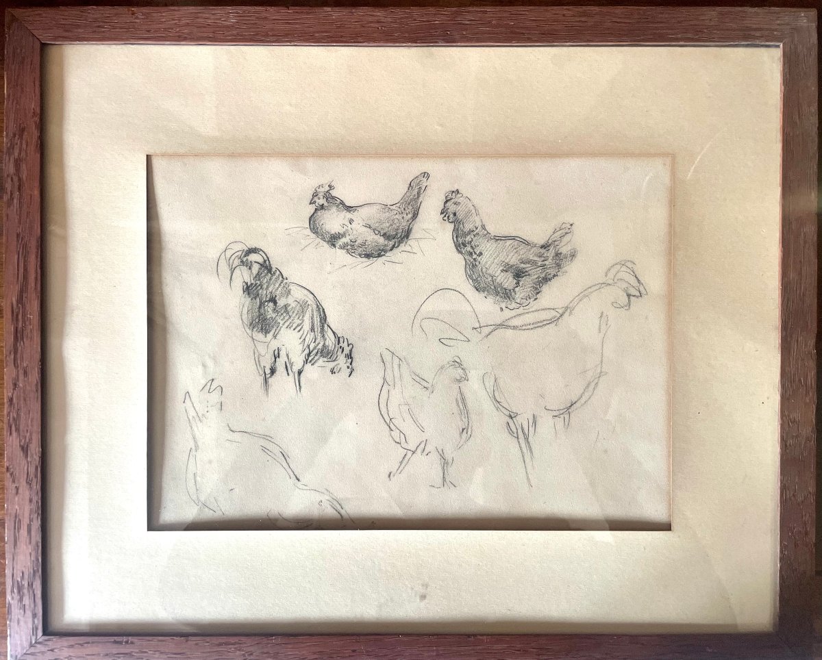 Charles émile Jacque (1813–1894), Attributed To. Studies Of Hens (20 × 29 / 44 × 36 Cm)-photo-2