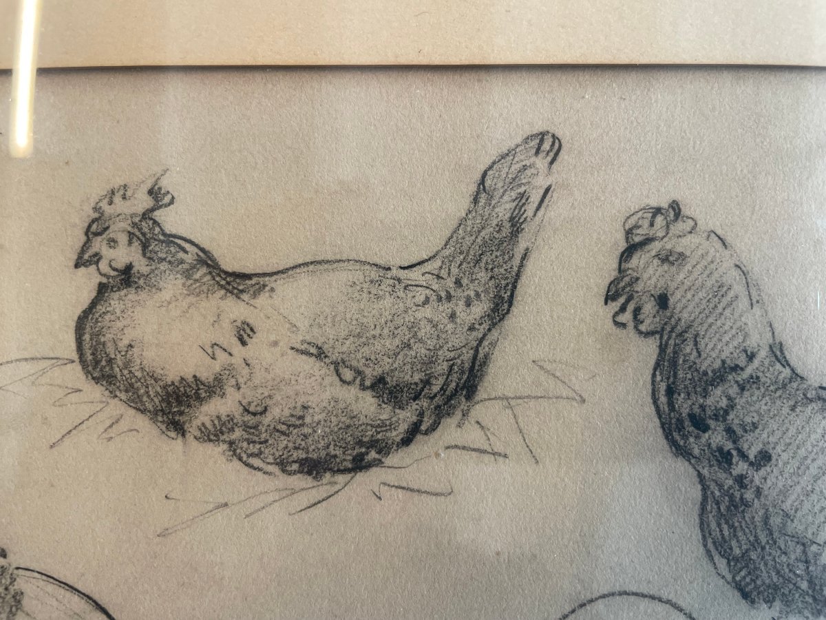 Charles émile Jacque (1813–1894), Attributed To. Studies Of Hens (20 × 29 / 44 × 36 Cm)-photo-3
