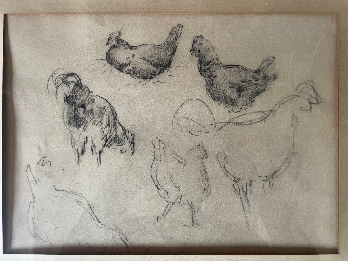 Charles émile Jacque (1813–1894), Attributed To. Studies Of Hens (20 × 29 / 44 × 36 Cm)