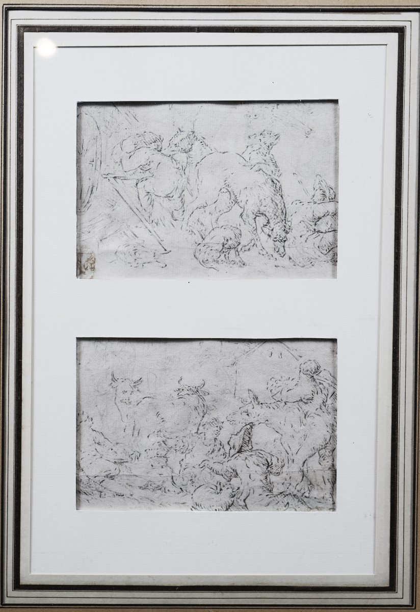 École flamande du XVIIᵉ siècle - Deux scènes de ferme - (15 X 11cm chacune)-photo-2