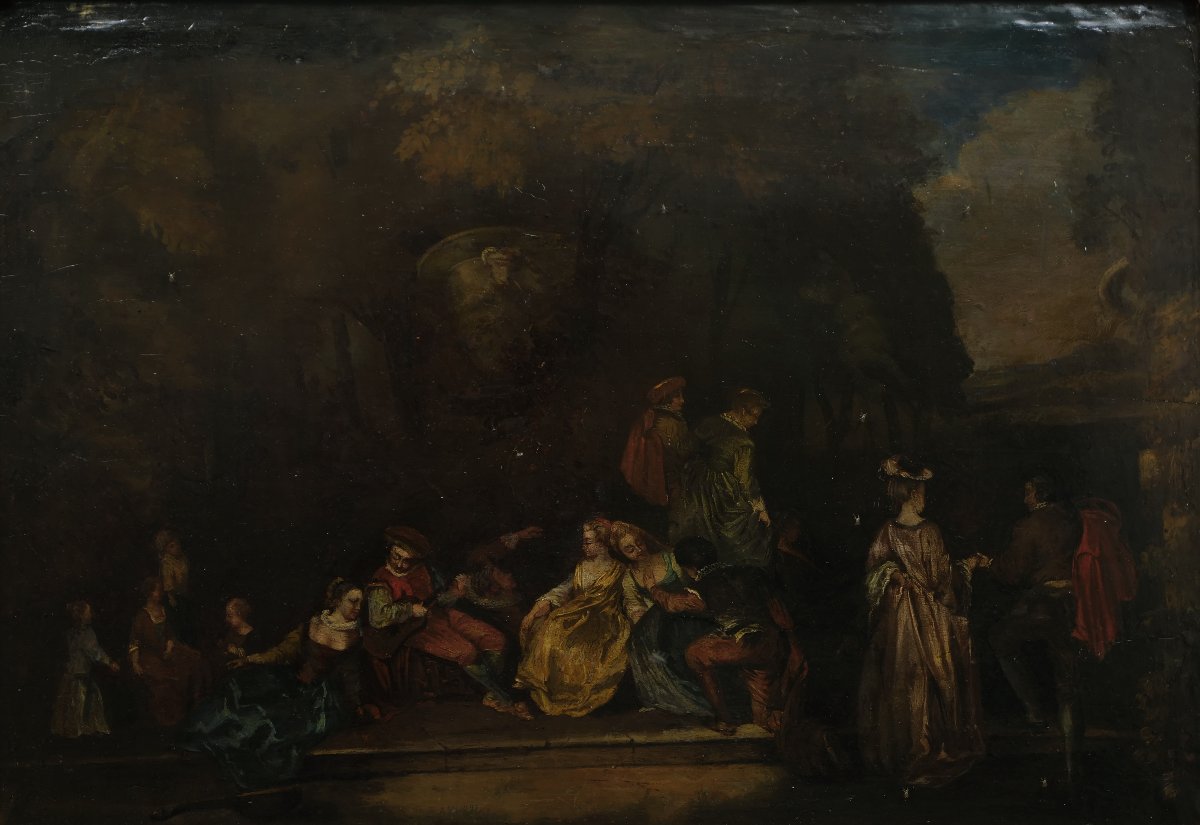 19th-century French School: "fête Galante" — Oil On Panel, Ca. 1850 (58 × 42 Cm)-photo-2