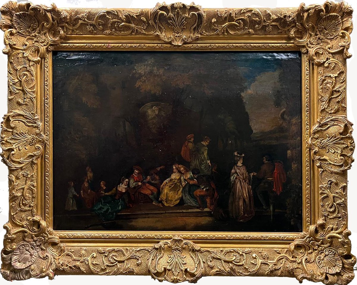 19th-century French School: "fête Galante" — Oil On Panel, Ca. 1850 (58 × 42 Cm)