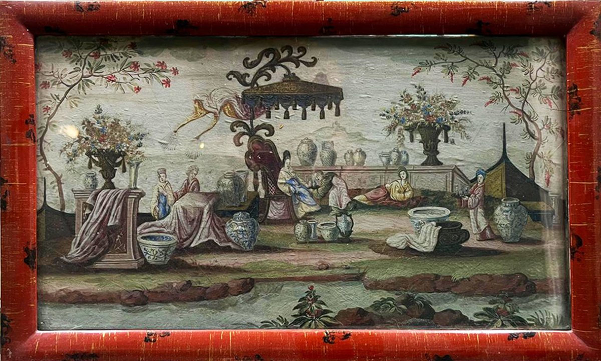 18th Century - Fan Panel Painted With Chinese Motifs - 24.5 X 43 Cm 