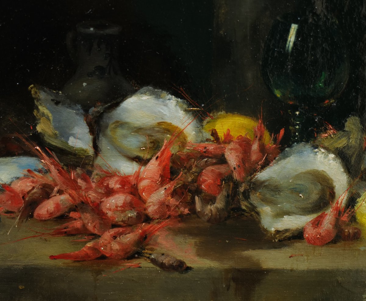 Charles Thomas (1857 - 1892) Nature morte aux huitres et crevettes (67 X 50 cm)-photo-3