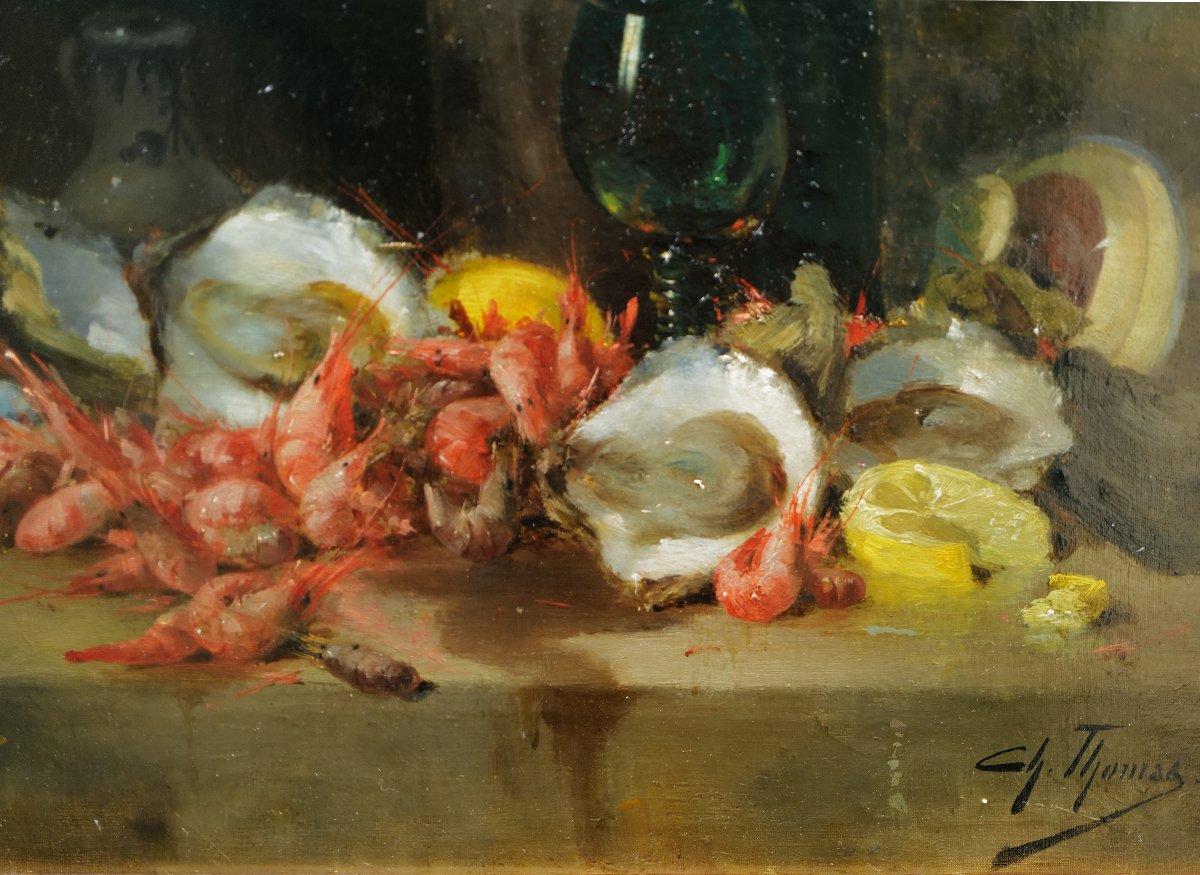 Charles Thomas (1857 - 1892) Nature morte aux huitres et crevettes (67 X 50 cm)-photo-4