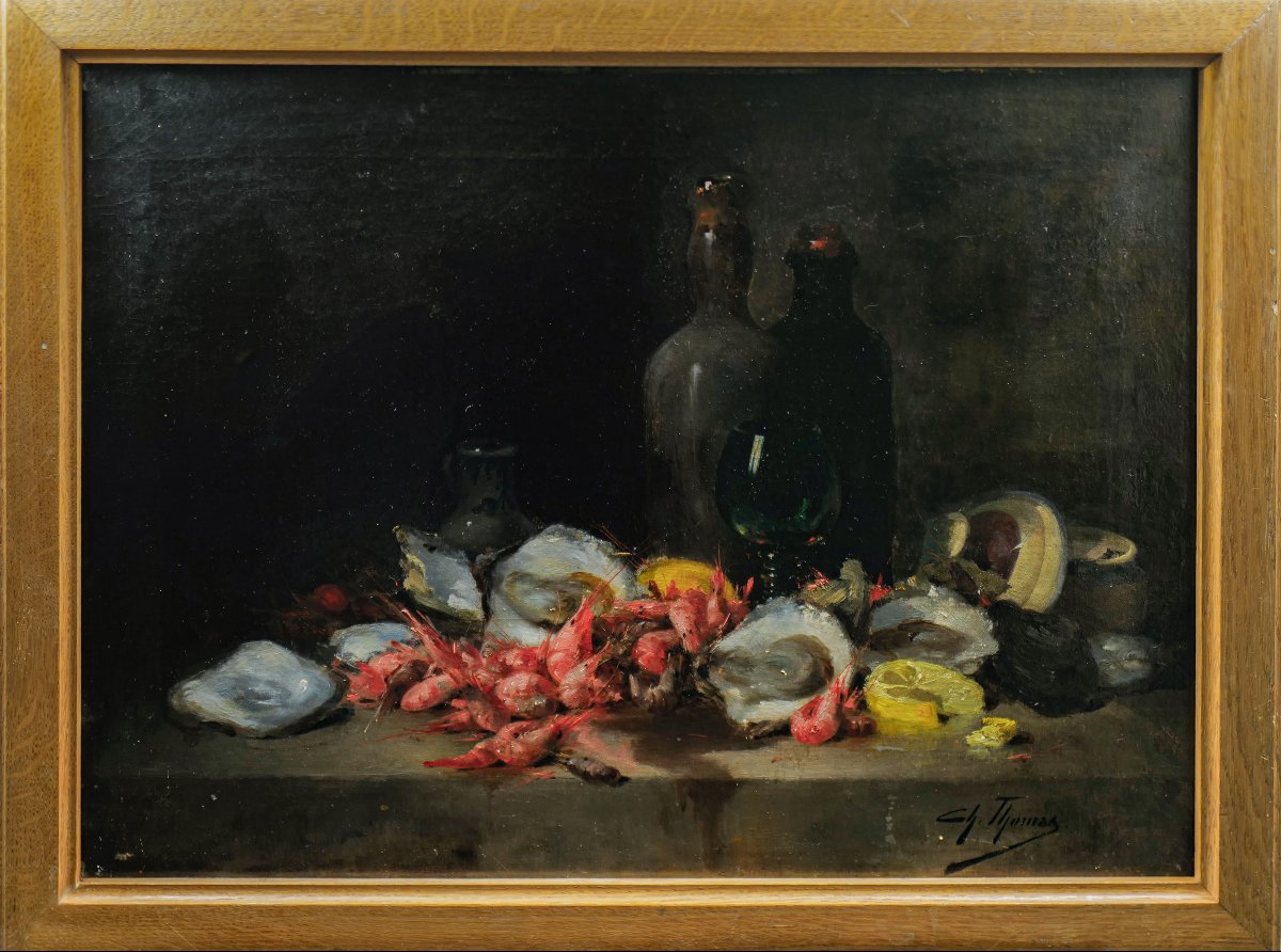 Charles Thomas (1857 - 1892) Nature morte aux huitres et crevettes (67 X 50 cm)-photo-2