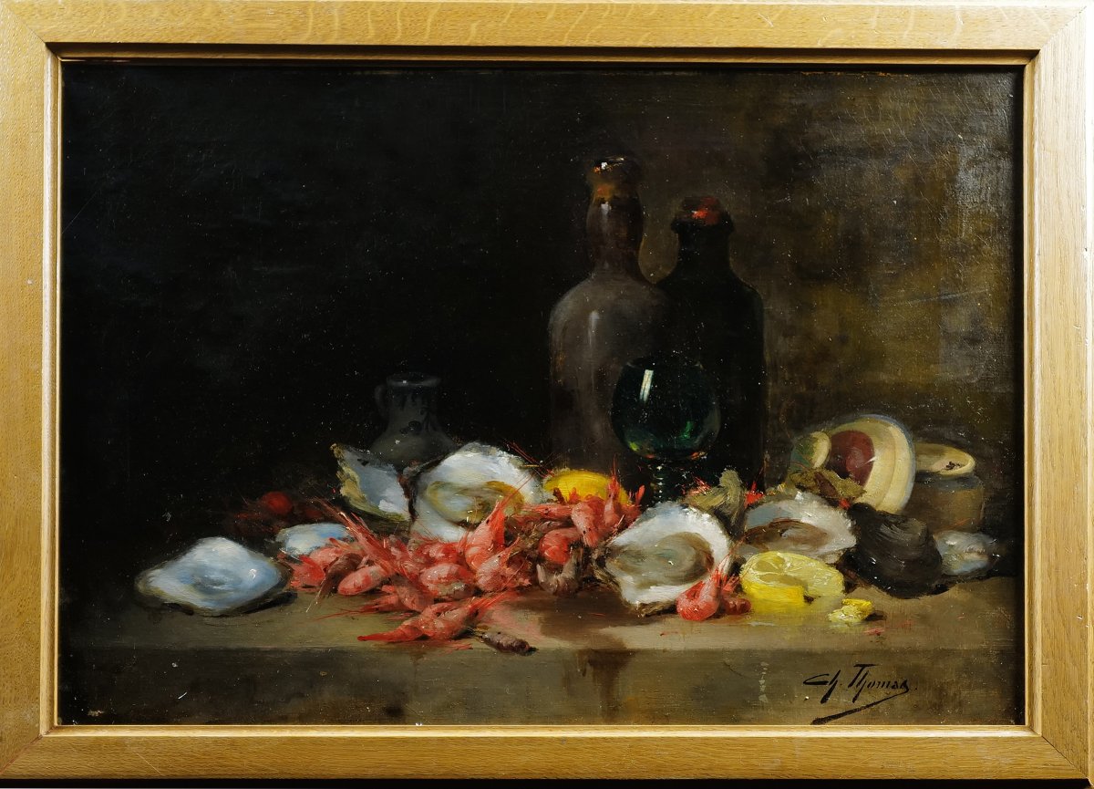 Charles Thomas (1857 - 1892) Nature morte aux huitres et crevettes (67 X 50 cm)-photo-2