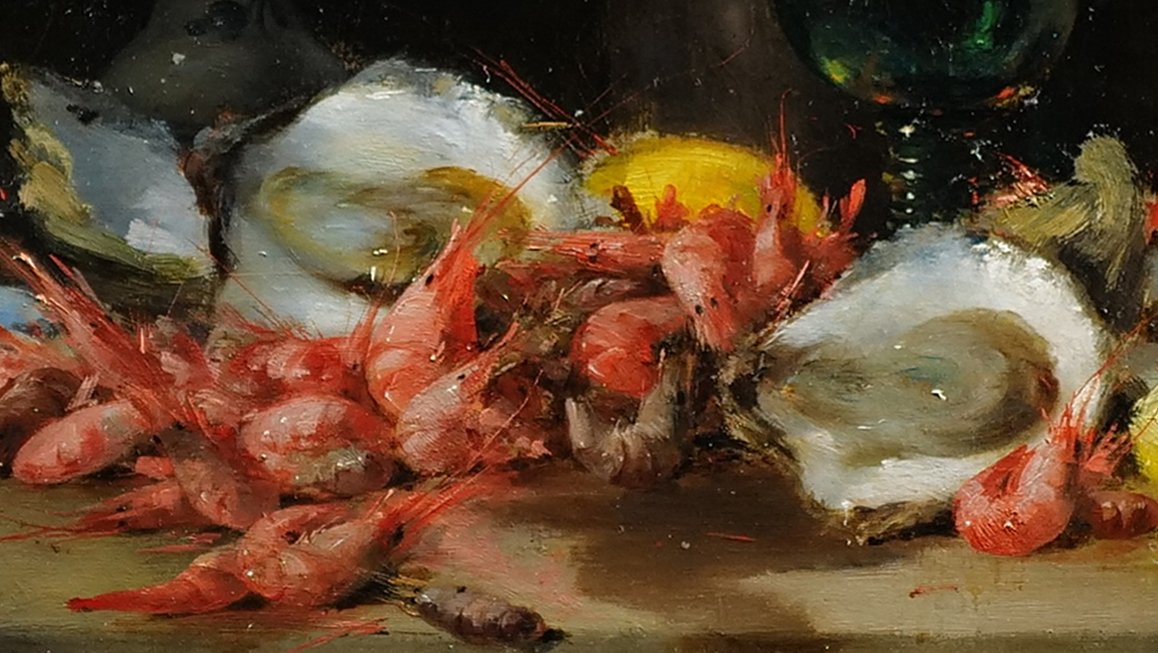 Charles Thomas (1857 - 1892) Nature morte aux huitres et crevettes (67 X 50 cm)-photo-3