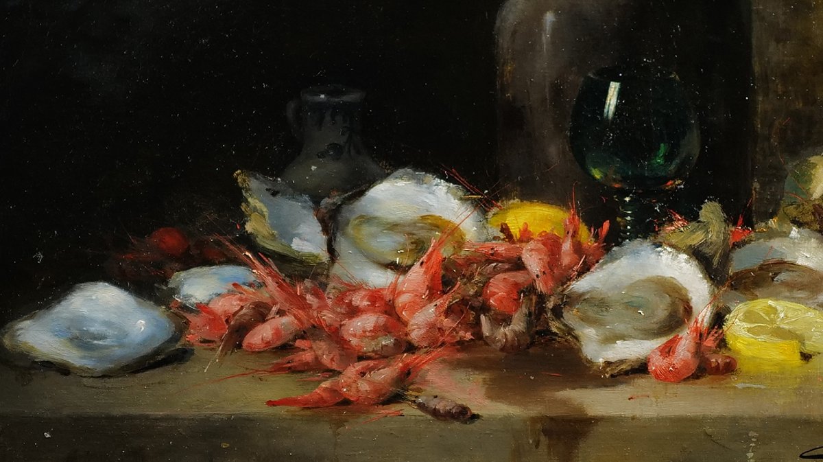 Charles Thomas (1857 - 1892) Nature morte aux huitres et crevettes (67 X 50 cm)-photo-4