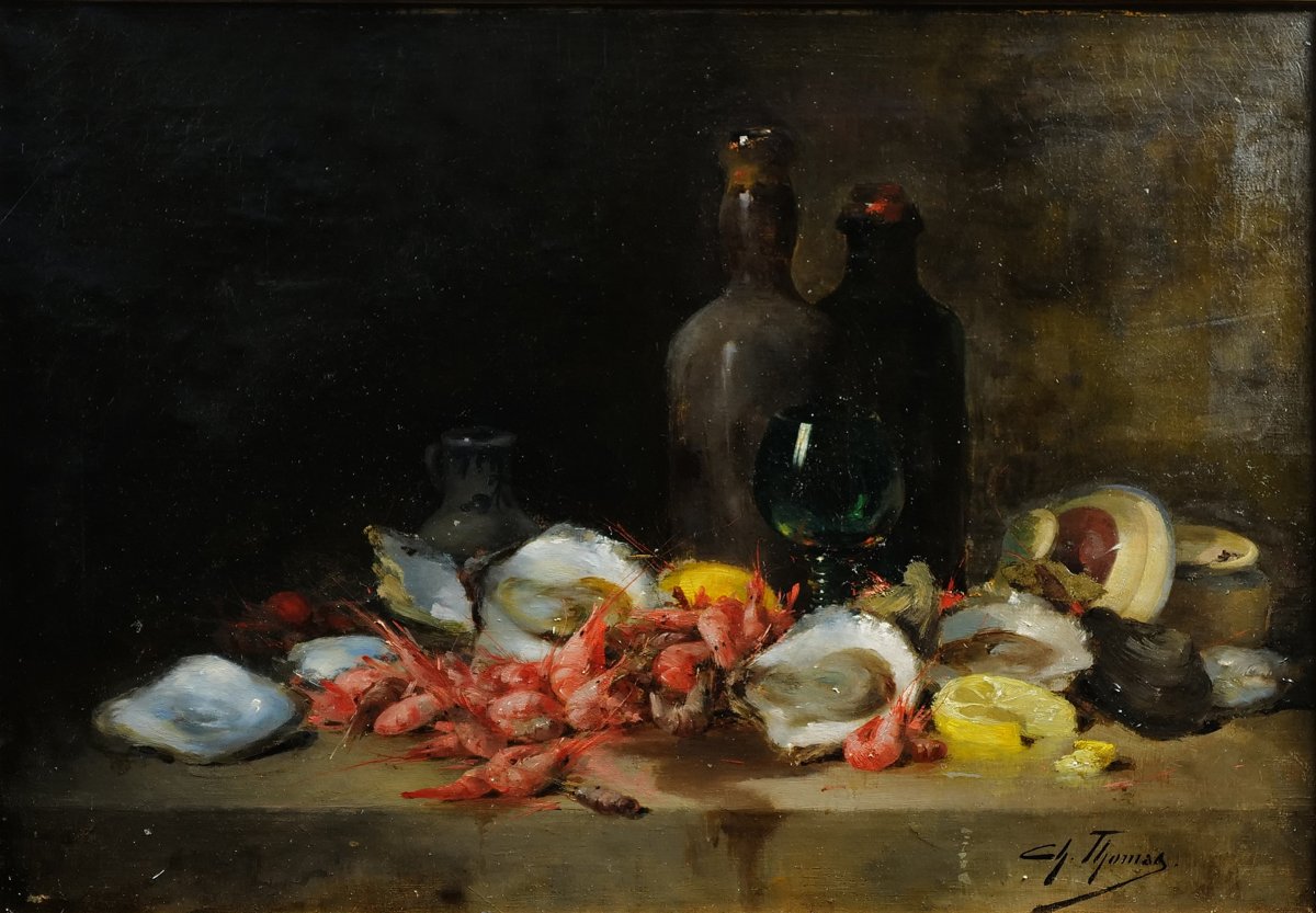 Charles Thomas (1857 - 1892) Nature morte aux huitres et crevettes (67 X 50 cm)