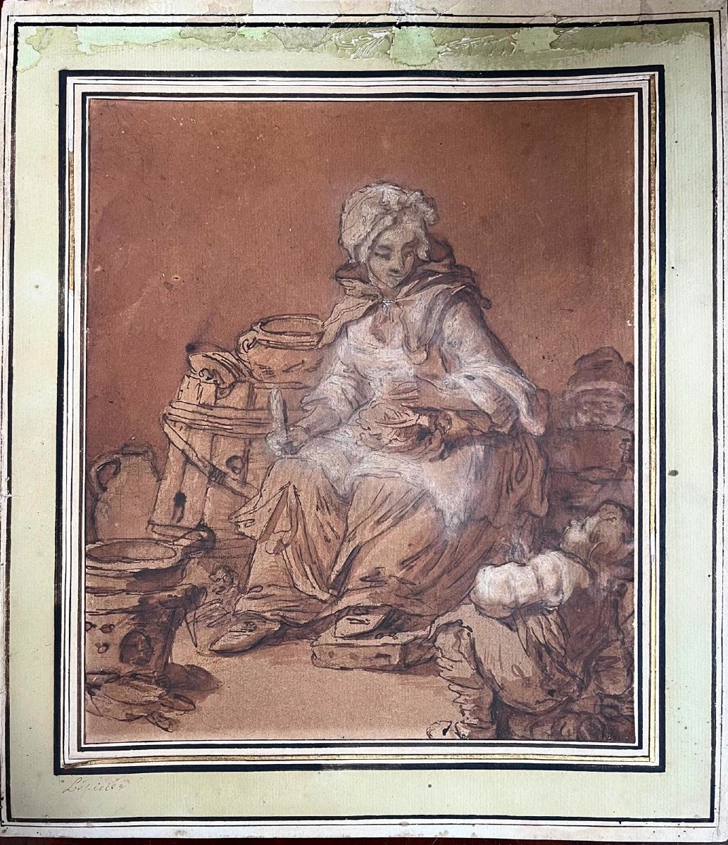 18th-century French Painting—kitchen Scene—brown Wash Highlighted With White (29 × 25 Cm), 18th-century Frame-photo-2