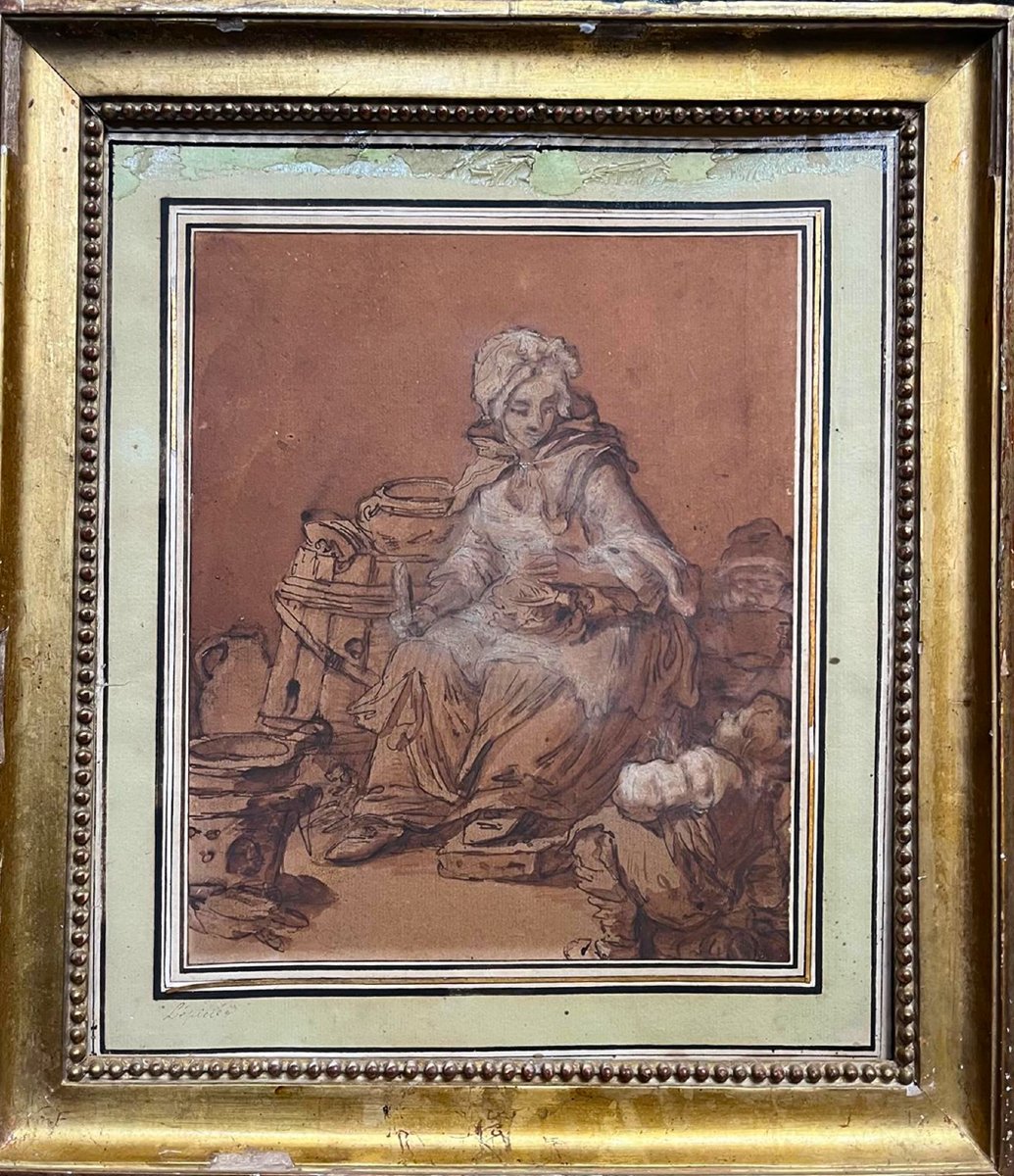 18th-century French Painting—kitchen Scene—brown Wash Highlighted With White (29 × 25 Cm), 18th-century Frame