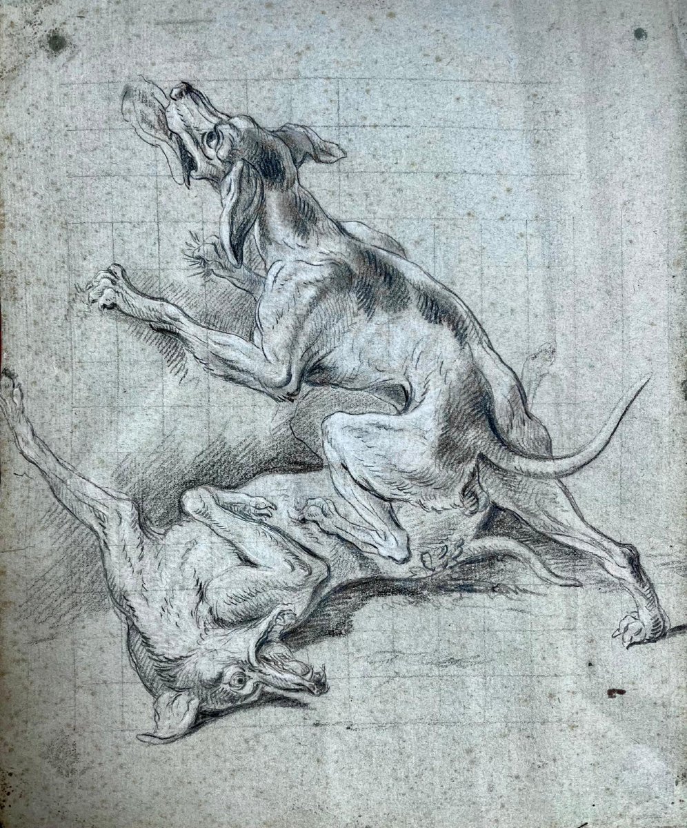 École flamande, fin XVIIᵉ dans le goût de F. Snyders - Bataille de chiens - dessin - (29 X 23)