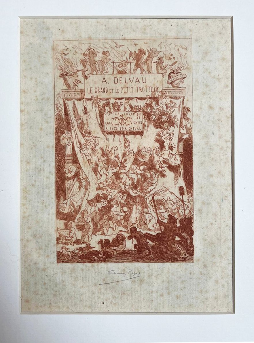  Félicien Rops - The Big And The Little Sidewalk - Red Chalk Etching, Signed In Pencil -photo-3