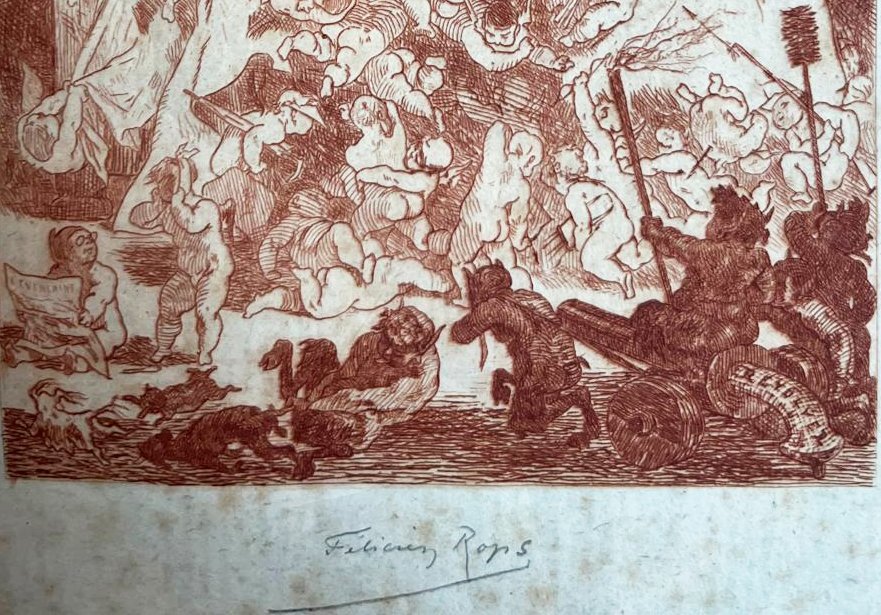  Félicien Rops - The Big And The Little Sidewalk - Red Chalk Etching, Signed In Pencil -photo-2