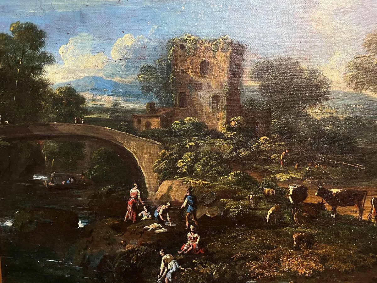 Paysage aux lavandières, école italienne fin du XVIIe siècle (36  x 54 cm)-photo-2