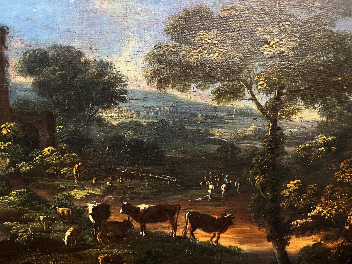 Paysage aux lavandières, école italienne fin du XVIIe siècle (36  x 54 cm)-photo-3