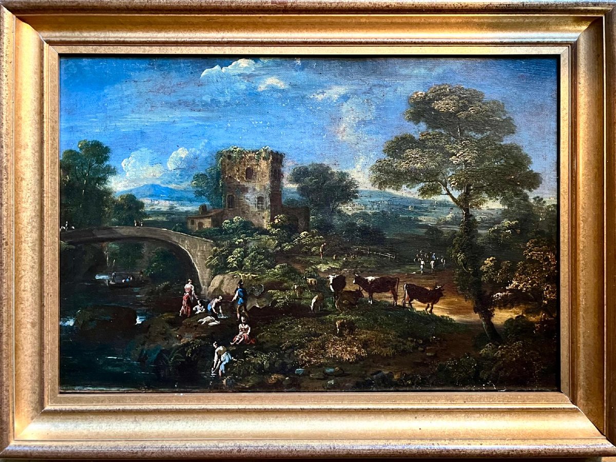 Paysage aux lavandières, école italienne fin du XVIIe siècle (36  x 54 cm)
