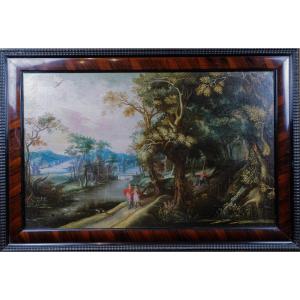 Paysage animé au bord d’un fleuve (58 X 92 cm Suiveur de Gillis II van Coninxloo (1544–1607)