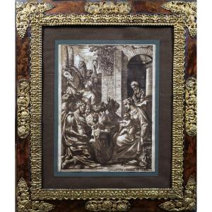 Dessin italien XVIIe dans un beau cadre XVIIe en ronce de noyer et laiton repoussé (39 X 32 cm)