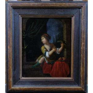 École hollandaise du XVIIIe siècle - Jeune fille aux cerises - 30 X 25 cm