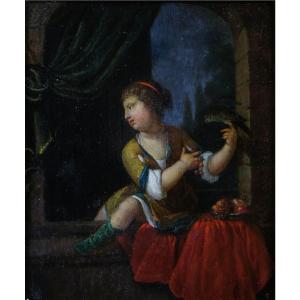 École hollandaise du XVIIIe siècle - Jeune fille aux cerises - 30 X 25 cm